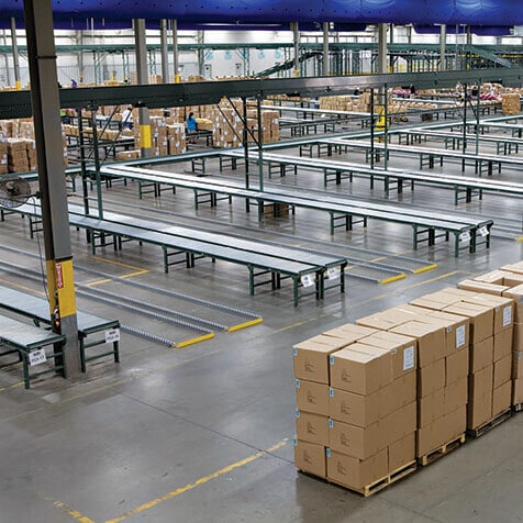 Gravity conveyors in a warehouse