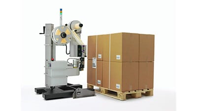 Markem-Imaje 2200 pallet labeling system works to label a pallet of cartons.