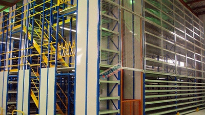 A multilevel mezzanine in a manufacturing facility.