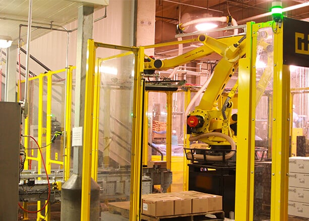 A robot is shown palletizing cartons in a warehouse.