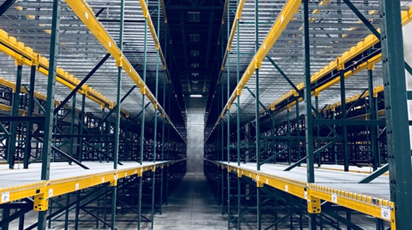 Pallet racking in a warehouse.