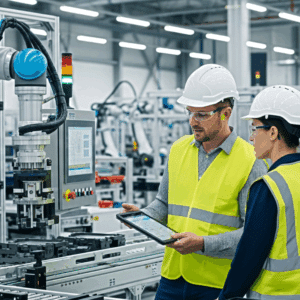 Workers discussing on a factory floor.