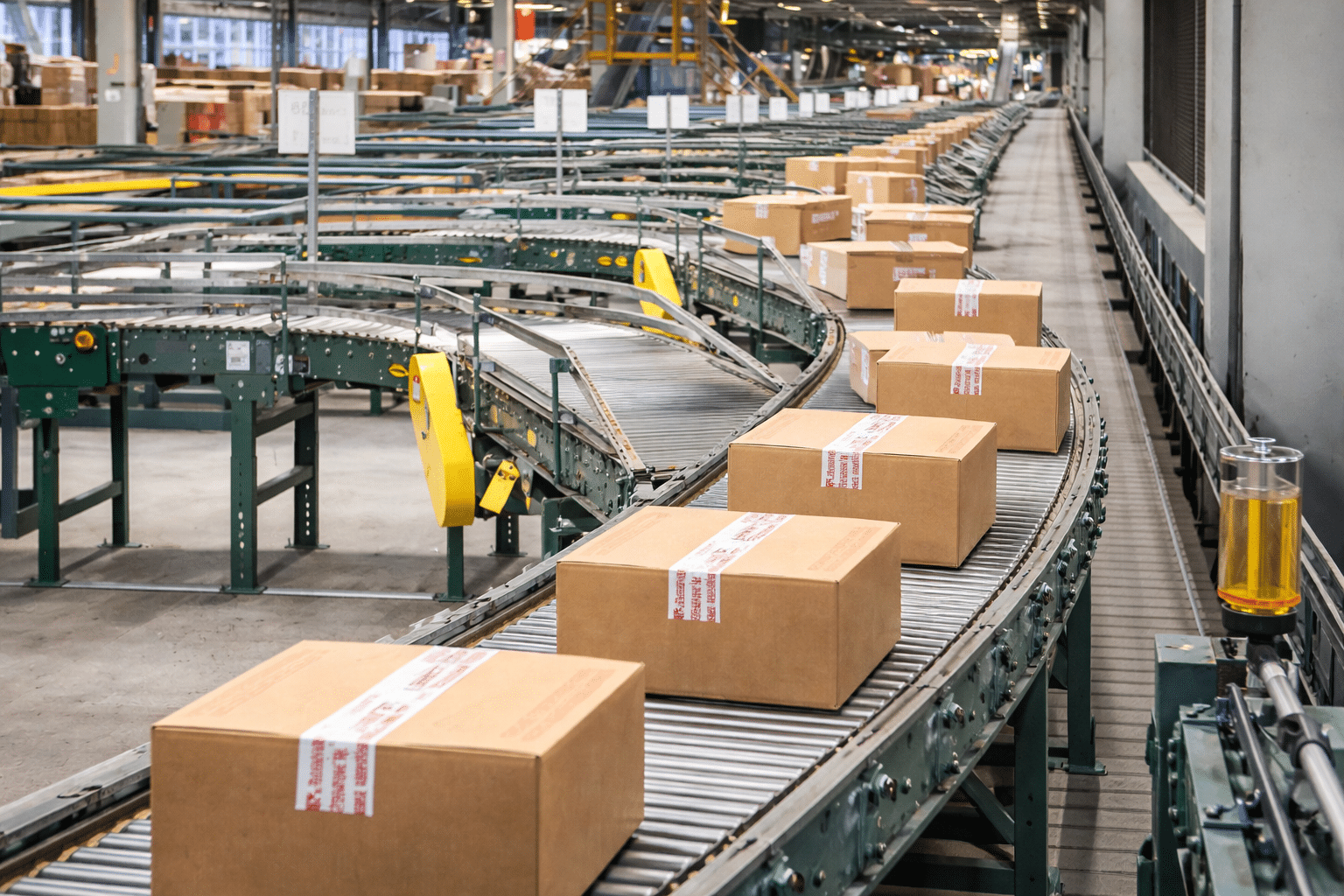 Packages on conveyor system Packages on a conveyor system