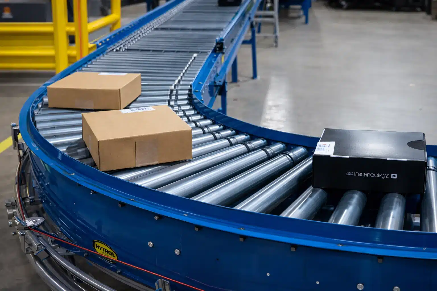 packages on live roller conveyor